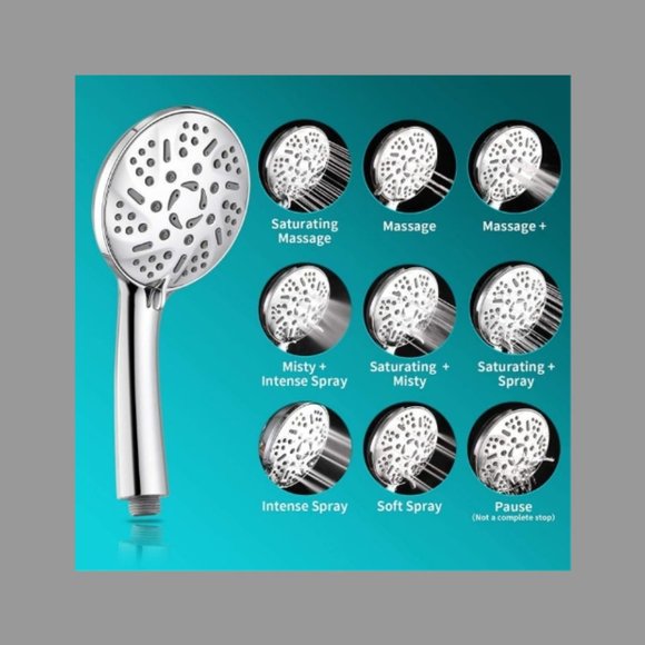 HIGH PRESSURE BATHROOM SHOWER HEAD&60 INCH HOSE/ 9 SPRAY SETTINGS - Picture 1 of 5